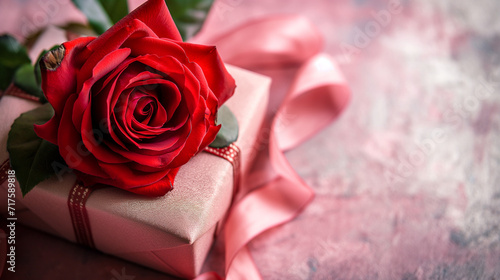 Beautiful red rose on gift boxes in a pink heart present. Valentines day gift.