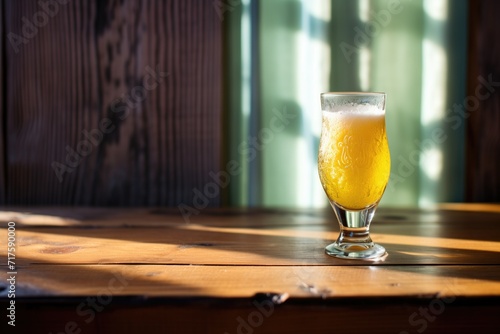 sunlit saison beer glass casting a shadow on a wooden table photo
