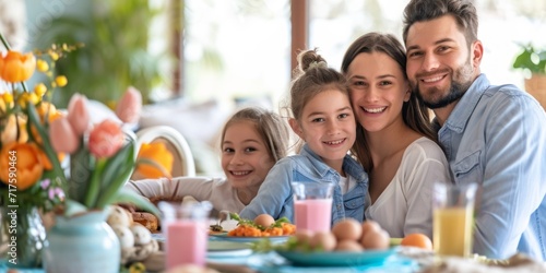 Portrait of family Easter lunch celebration. Smiling parents and children.