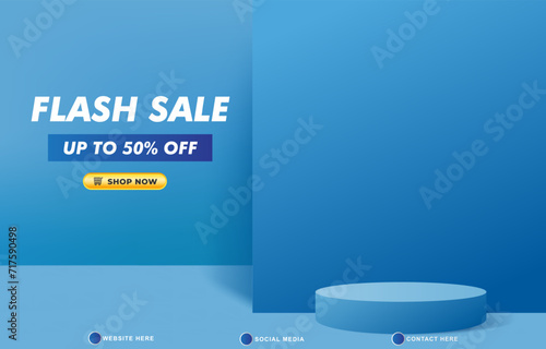 flash sale discount template banner with 3d podium for product sale with abstract gradient blue background design