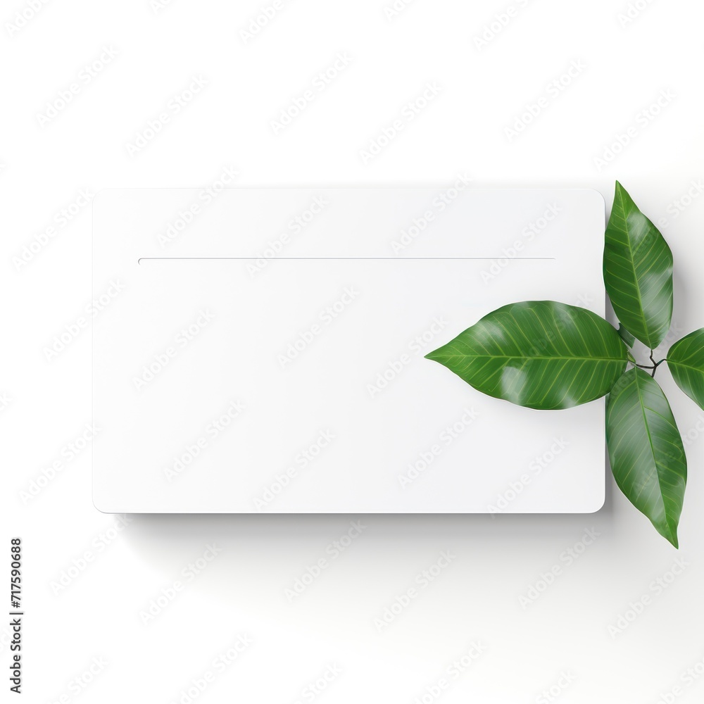 mockup on white background of a white plastic card including small green leaf generative AI.