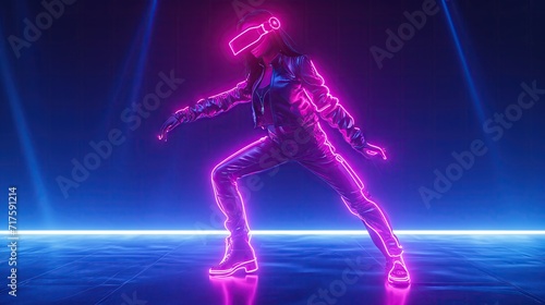 silhouette of a woman dancing modern pose with a Neon glowing outline effect. © AnyPic289