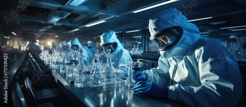 view of the Sterile Pharmaceutical Laboratory room, Scientists in full Protective Suits Carrying out Research