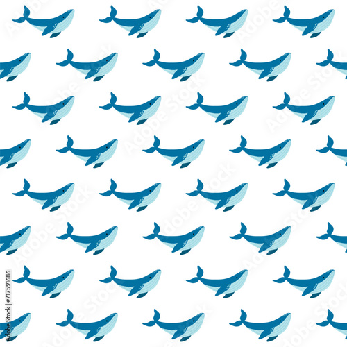 Seamless sea pattern with funny whales. Summer marina background. Stock vector.