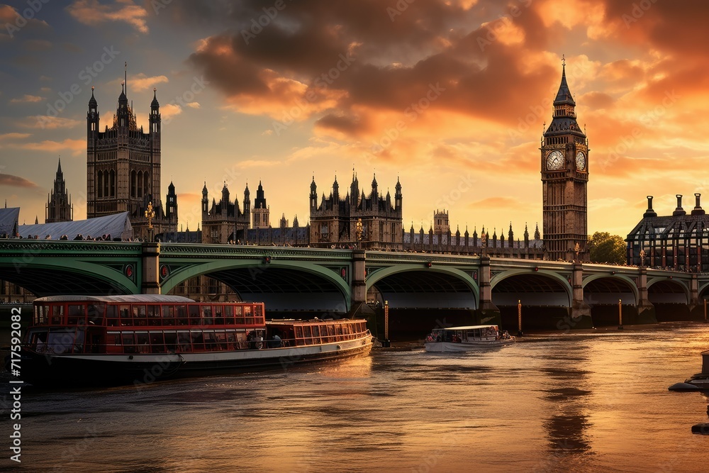Beautiful London and the river , London City, Panorama from the Tower Bridge to the Tower of London United Kingdom during sunset,  Ai generated