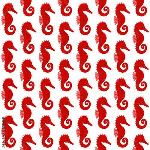 Red seahorse seamless pattern vector illustration background. Hand drawn cartoon flat design.