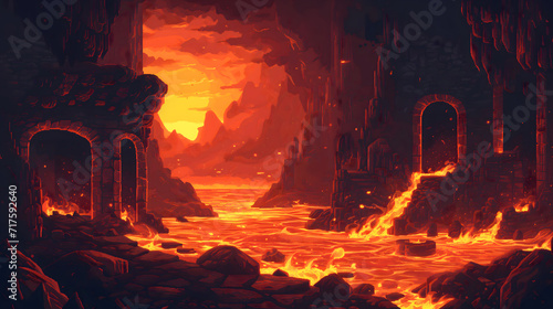 destruction of buildings due to fires originating from volcanic lava, apocalypse landscape, destruction of civilization, background in pixel art style, rpg game background