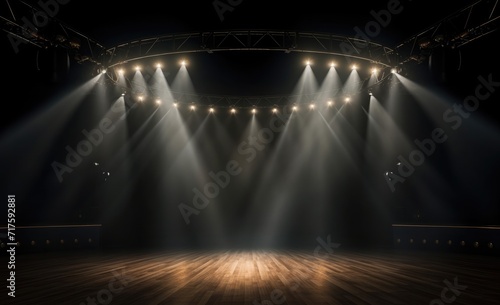 Spotlights illuminate empty stage with dark background. black tone night light. © Eyepain