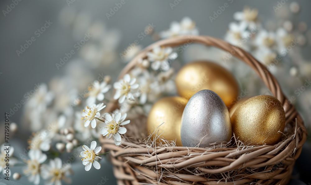 A chic, metallic-themed Easter basket with silver and gold eggs A chic, metallic-themed Easter basket with silver and gold eggs