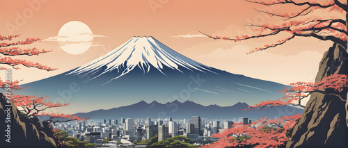 Travel to Japan Concept. Travel Poster with Japan Mount Fuji extreme closeup, vector photo