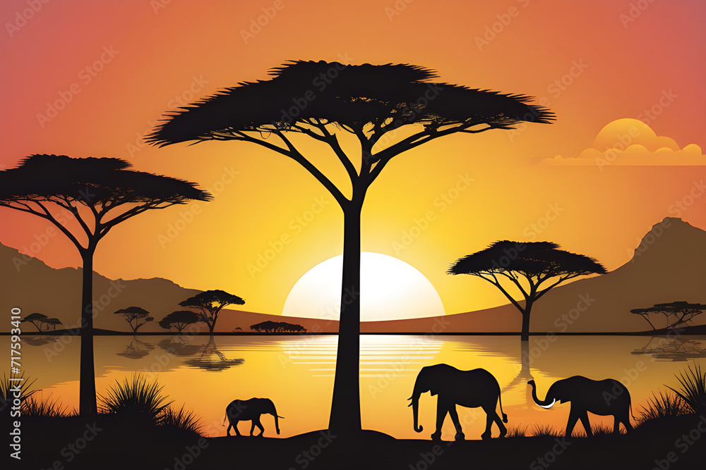 vector illustration of an african landscape at sunset
