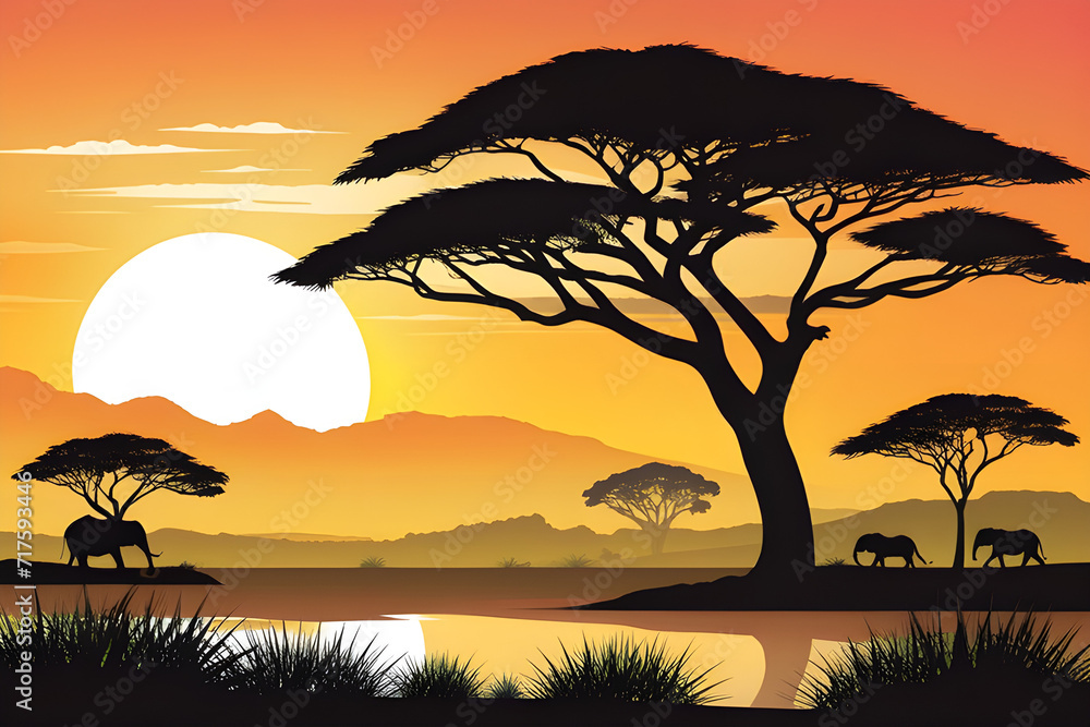 vector illustration of an african landscape at sunset vector illustration of an african landscape at sunset