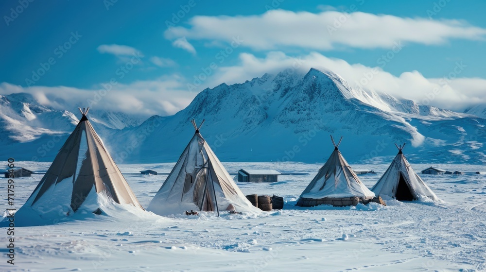 Traditional Tents in Arctic Wilderness - obrazy, fototapety, plakaty 