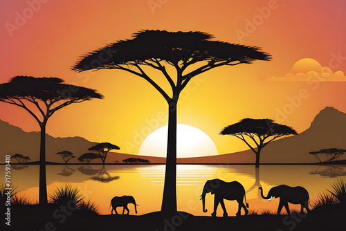 vector illustration of an african landscape at sunset