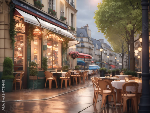 Paris's cosy restaurants and rainy street scenes, capture the calm and romantic atmosphere of the city.  3d rendering design. © Mahmud