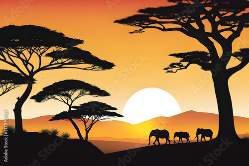 vector illustration of an african landscape at sunset