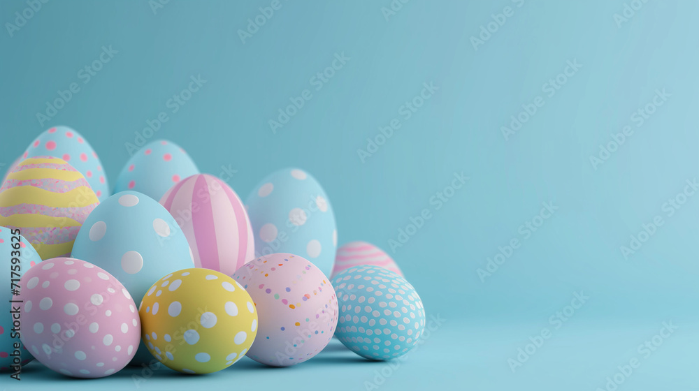 Fototapeta premium Colorful Easter eggs on pastel background. Creative design. 3d rendering