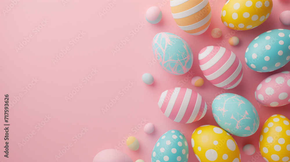 Colorful Easter eggs on pastel background. Creative design. 3d rendering