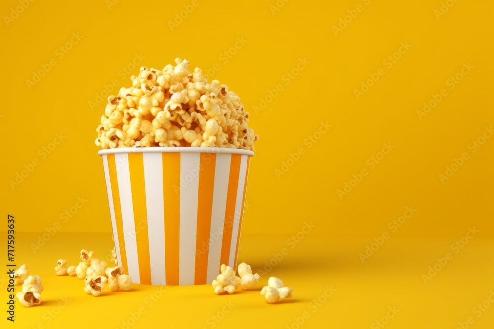 Classic Salted Caramel Popcorn in a Stylish Yellow Bucket, on isolated yellow background, Generative AI