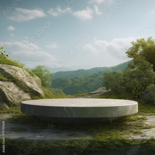 Stone podium on the background of a green landscape for product placement. Generative AI