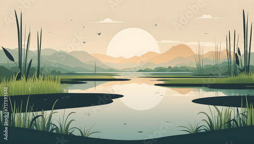 Wetland, minimalistic flat design landscape illustration. Image for a wallpaper, background, postcard or poster