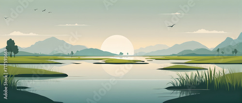 Wetland, minimalistic flat design landscape illustration. Image for a wallpaper, background, postcard or poster