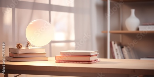 Stack of books on a white table in the photo with a light background. generative AI