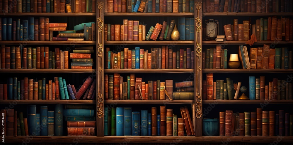 Rows of ancient books on lots of shelves with a vintage feel. generative AI Rows of ancient books on lots of shelves with a vintage feel. generative AI