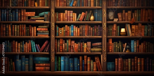 Rows of ancient books on lots of shelves with a vintage feel. generative AI