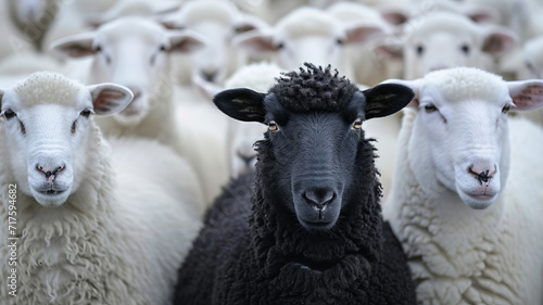 The standout black sheep among a flock, symbolizing uniqueness, AI Generative.