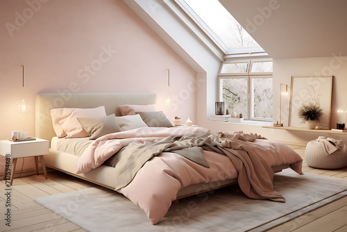Ein modernes Schlafzimmer mit rosafarbenen Elementen  photo