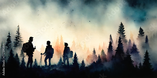 Hiking concept of a group friends at a time of vacation with nature tourism and in the style of watercolor paintings on paper. illustration, painting art, mountain, evening, pine, decoration, tent