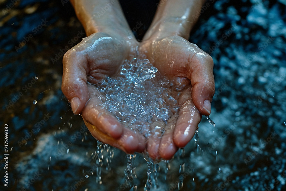 Fototapeta premium close-up of hands cupping water from the fountain of life, symbolizing renewal and vitality, captured in a minimalist style