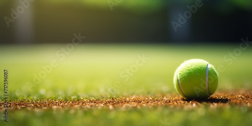 tennis ball on grass,,,Close up of tennis ball on clay court.Tennis ball. Generative Ai. 