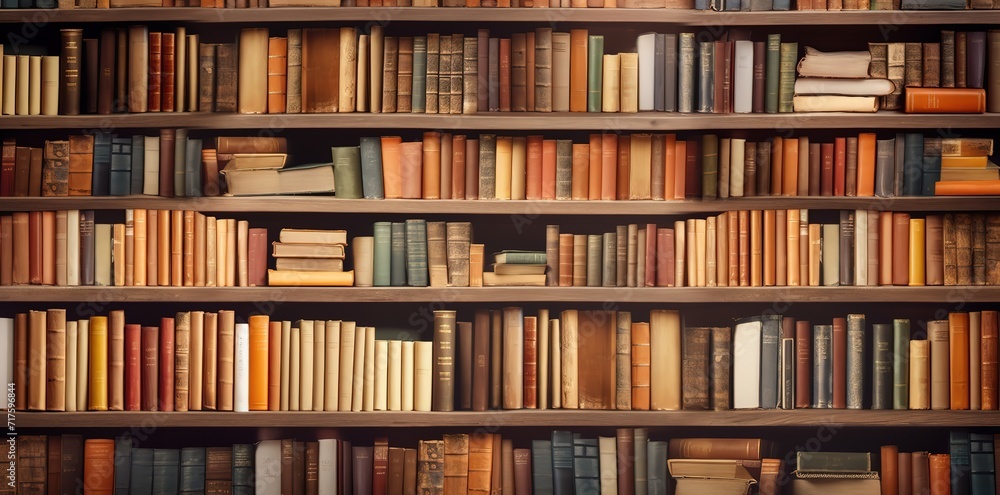 A photo of a row of books on a library shelf that provides various kinds of book titles. generative AI A photo of a row of books on a library shelf that provides various kinds of book titles. generative AI