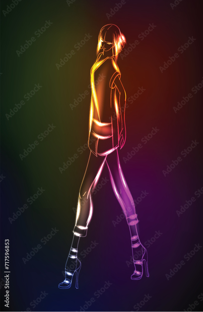 Hand-drawn fashion model from a neon. A light girl's. Fashion girl. Hand-drawn fashion model from a neon. A light girl's. Fashion girl.