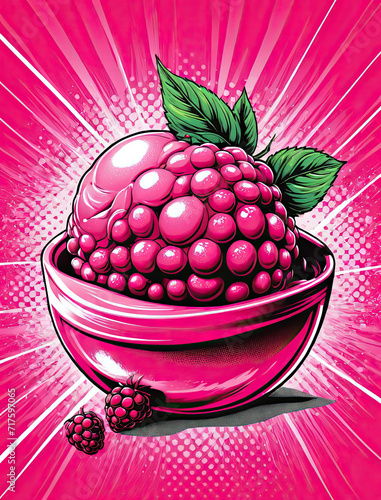 Photorealistic Pop Art Illustration of Lush Raspberry Red Fruit Sorbet with Shadows and Halftone Effects Gen AI photo