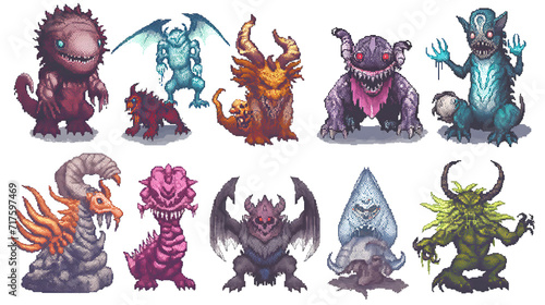set of monsters in pixel art game style, enemy characters in pixel game, isolated on white photo