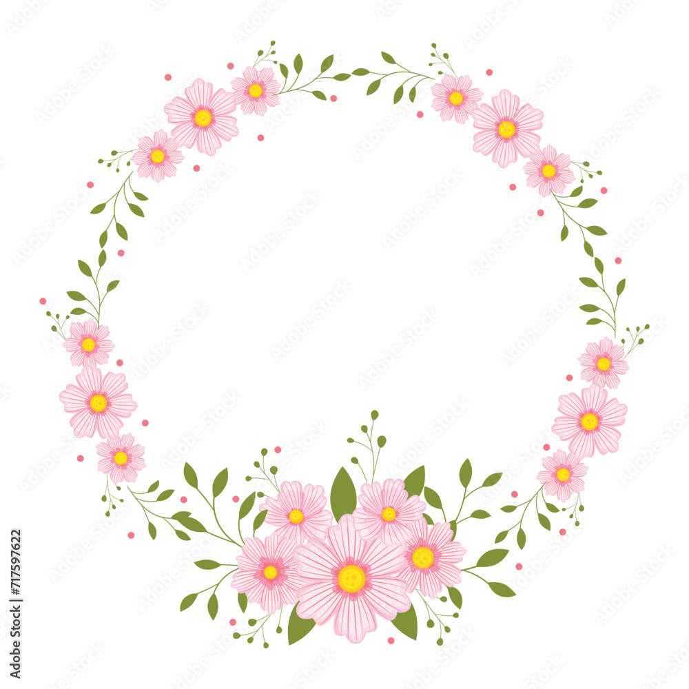Round frame with pink flowers and green leaves on white background. Vector illustration.