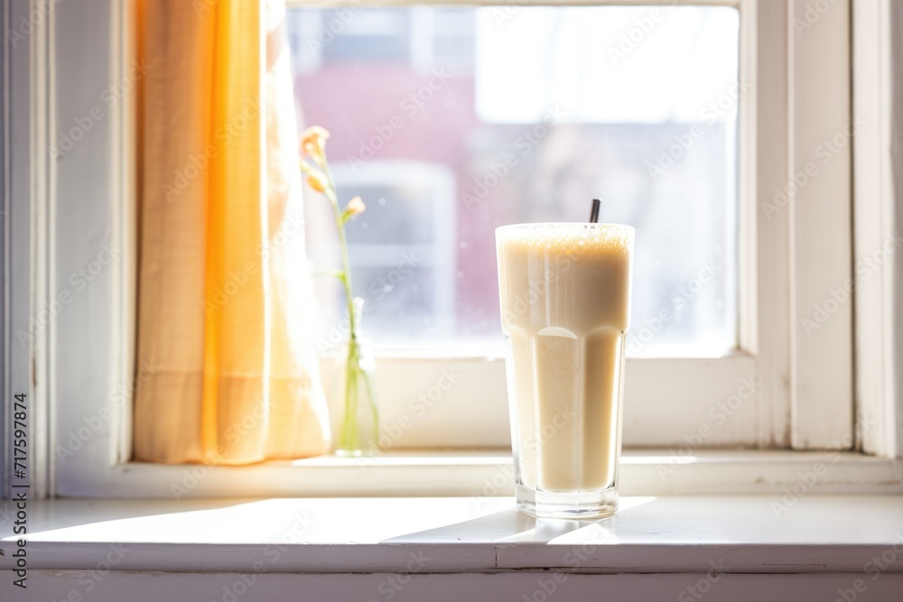 frosted glass of vanilla shake, condensation, sunny window frosted glass of vanilla shake, condensation, sunny window