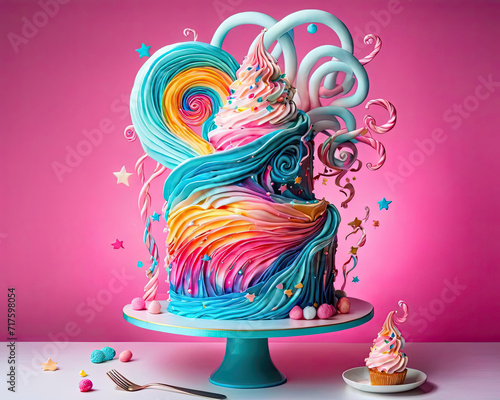 Vibrant Fairy Tale Cake with Cotton Candy Wisps - Photorealistic Pop Art Illustration Gen AI photo