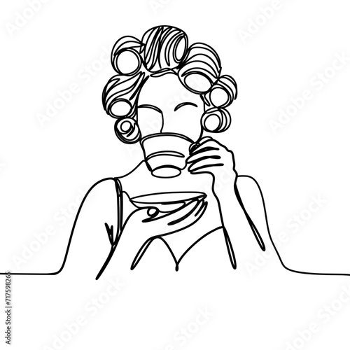 Woman with curlers in hair drinking coffee one line art drawing