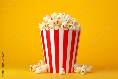 Movie Theater Style Popcorn with a Red and White Striped Bucket, Contrasting Against a Yellow Background, Generative AI