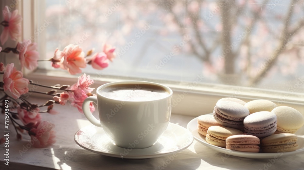 A cup of coffee accompanied by colorful macarons on a window sill with spring blossoms. A cup of coffee accompanied by colorful macarons on a window sill with spring blossoms.