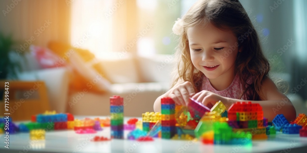 Young girl happily engaged in playing with bright, multicolored building blocks indoors.
