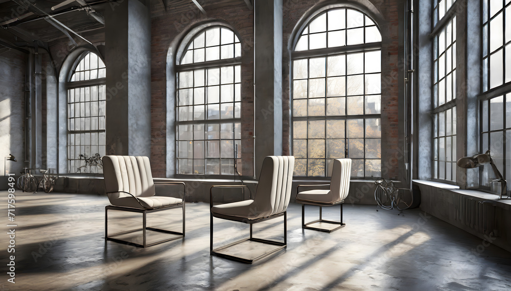 Three dimensional render of two chairs standing in front of windows inside industrial loft. Generative AI. Three dimensional render of two chairs standing in front of windows inside industrial loft. Generative AI.