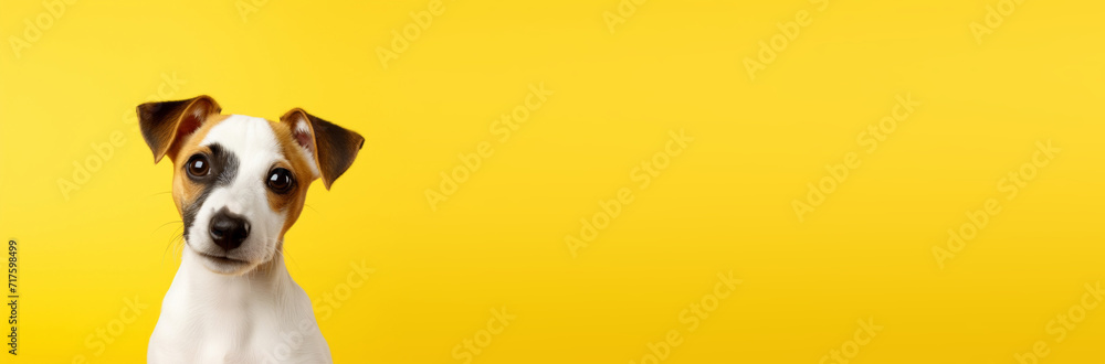 Portrait of a Jack Russell Terrier with a curious expression on a vivid yellow background.