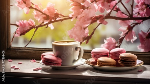 Morning light pours over a cup of coffee and pink macarons beside blooming spring branches.