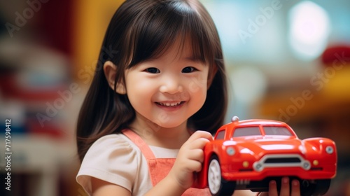 An adorable young girl with a bright smile playing with her favorite red toy car.