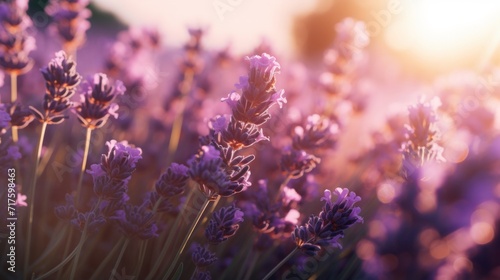 Close-up of lavender flowers with golden sunset light in the background.